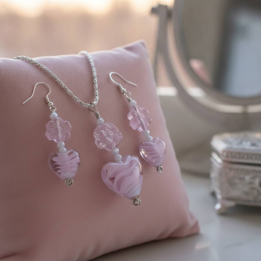 Heartfelt Creations offers a matching set of handcrafted jewelry, including a necklace and a pair of earrings, featuring silver-toned chains and hooks, with each piece adorned with a pale pink, swirled lampwork  glass heart bead and a delicate, clear glass flower bead.