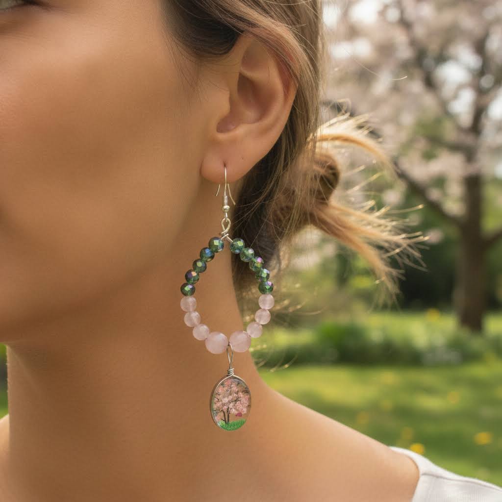 Beaded Botanical Drop Earrings (with Pink Flowered Trees!)
