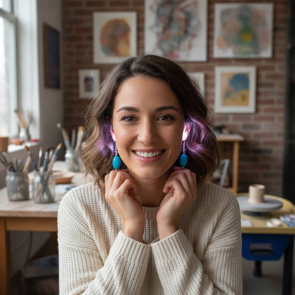 A smiling woman with wavy brown hair and purple highlights wears bright turquoise drop earrings in a cozy, art-filled studio setting with a brick wall and framed paintings behind her.
