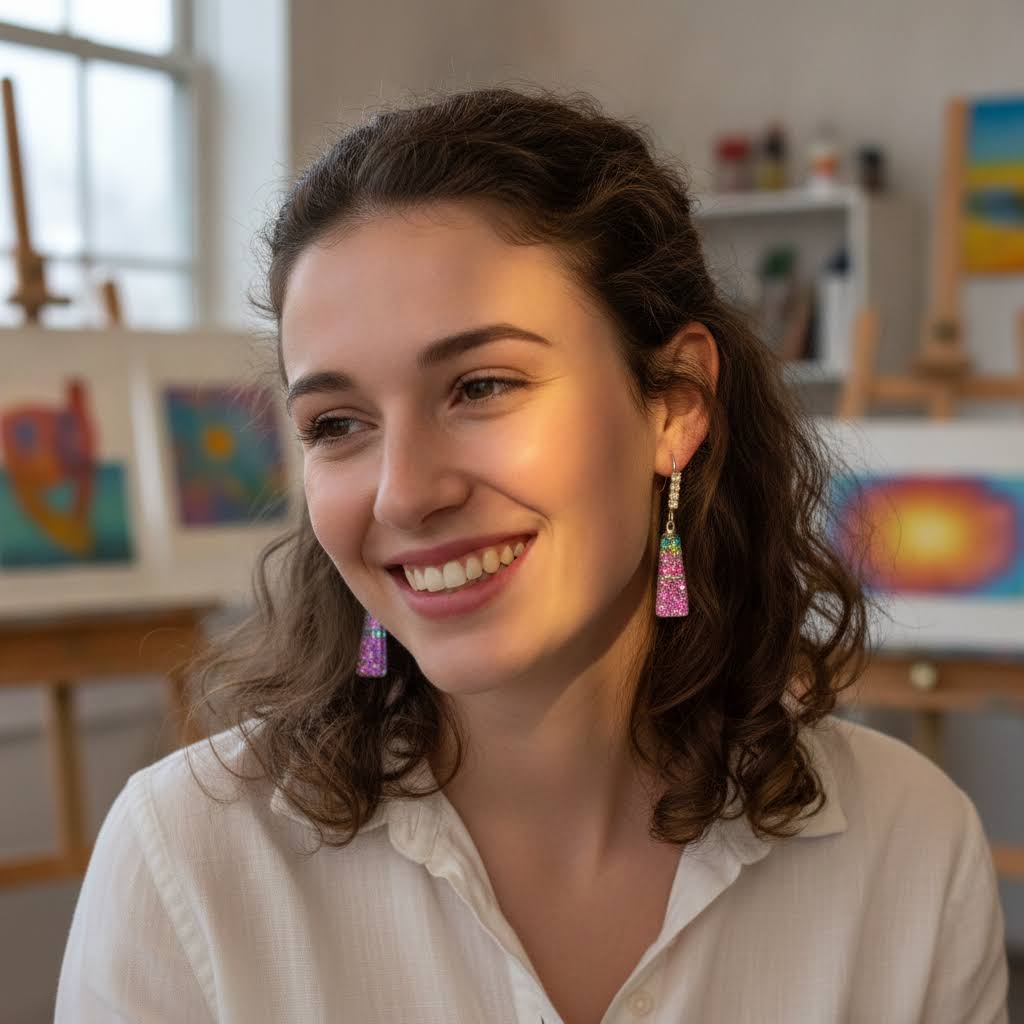 A smiling woman with wavy brown hair wearing colorful dangling earrings in a bright, art-filled room.
