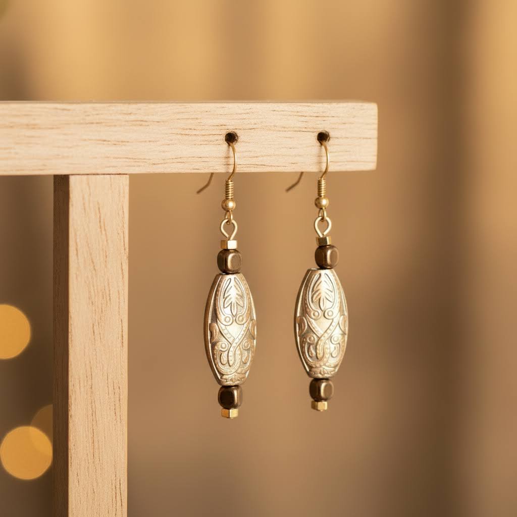 A pair of dangling earrings displayed on a wooden stand against a warm, softly blurred background. The earrings feature ornate, engraved oval silver-toned pendants with dark brown beads and gold-toned hooks.