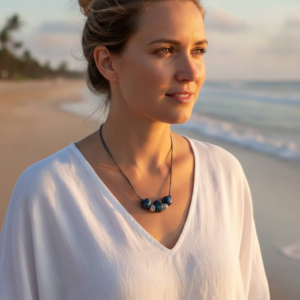 Heartfelt Creations'  handmade necklace featuring three large, glossy, deep blue home-made ceramic beads with a mottled texture, separated by two ornate, silver-toned metal spacer beads with a star-like pattern and small blue crystal accents, all strung on a dark cord.