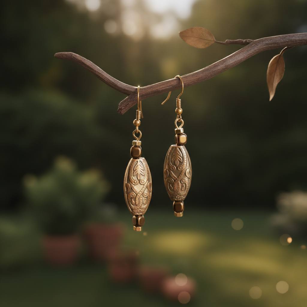 A pair of ornate gold-toned dangle earrings with carved oval beads and small round accents, hanging from a rustic branch against a softly blurred outdoor garden background.
