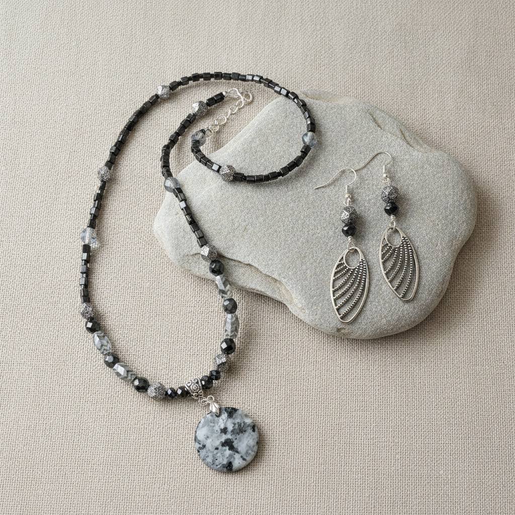 Heartfelt Creations  handmade jewelry set featuring a necklace and matching earrings, crafted from various black, white, and silver beads, with a circular, speckled granite-like agate stone pendant on the necklace and intricate, black filigree leaf-shaped pendants on the earrings.