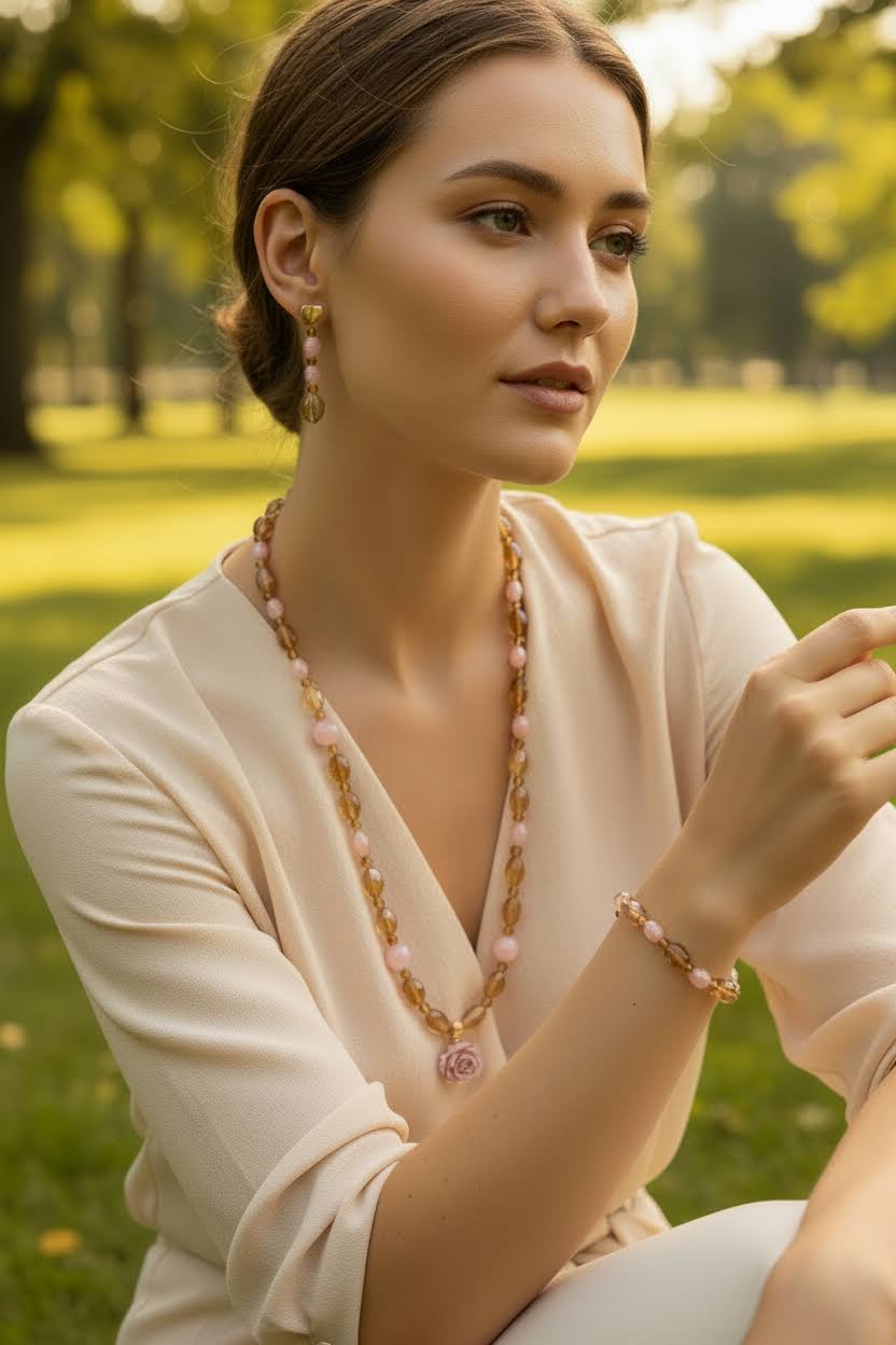Heartfelt Creations design of a vintage-style jewelry set consisting of a necklace, bracelet, and earrings, all featuring a mix of translucent amber-colored glass beads and opaque pale pink beads, with the necklace having a large, carved pink rose pendant and the earrings being a dangling design with a single amber and pink bead.