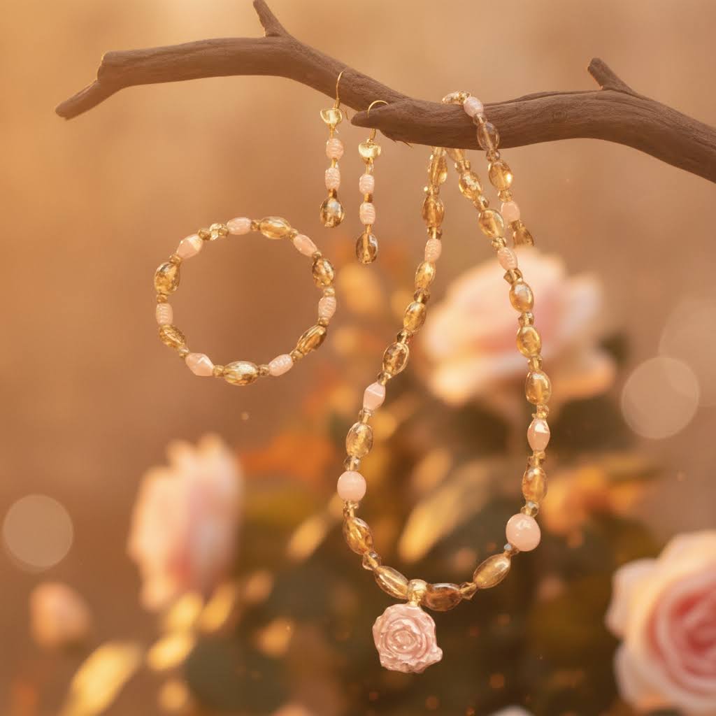 Pink Rose Pendant with Beaded Necklace, Bracelet and Earring Set