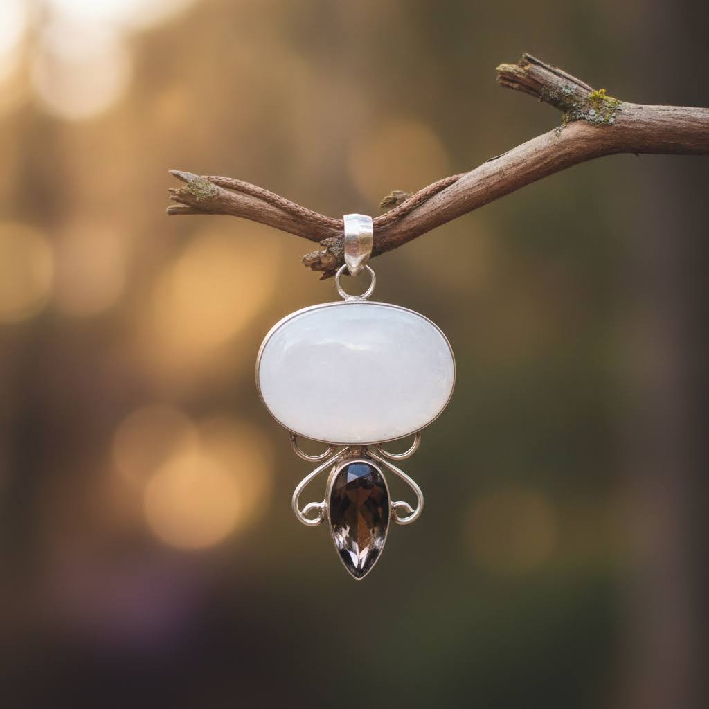 a handmade sterling silver pendant featuring a large, oval-shaped white moonstone cabochon and a smaller, teardrop-shaped faceted smoky quartz gemstone, connected by intricate silver wire scrollwork, suspended from a braided brown leather cord.
