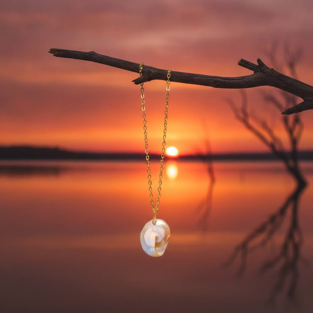 Heartfelt Creations is delighted to offer gold chain necklace featuring a large, organic-shaped pearl pendant from the shores of New Zealand!  It radiates with iridescent white, pink, and green hues, displayed with a golden chain.