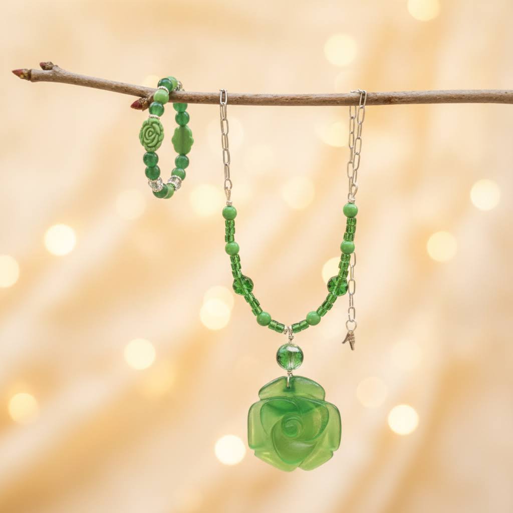 Heartfelt Creations' offers this stunning, nature-inspired beaded necklace and bracelet set. Featuring a vibrant palette of lush greens, this set is designed to add a touch of botanical elegance to any outfit. The centerpiece of the necklace is a beautifully detailed, frosted glass floral charm that captures the essence of a blooming rose, complemented by a variety of green beads that offer a rich, multi-textured look. The matching bracelet echoes this design, creating a cohesive and polished aesthetic.