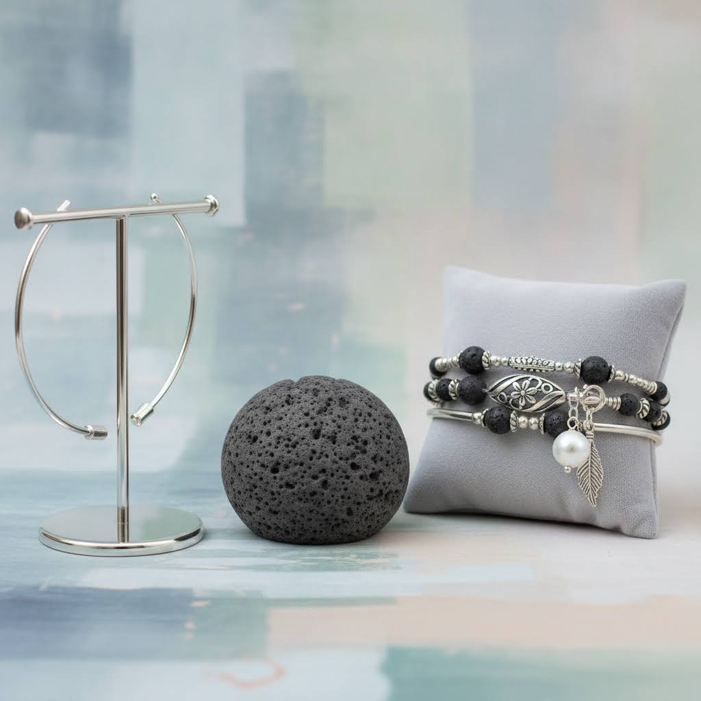 Heartfelt Creations' multiwrap specialty:  A bracelet with  two silver-toned bangle coils with black lava stone beads  and one silver-toned coil featuring a silver floral filigree charm, a silver leaf charm, and a white pearl bead.