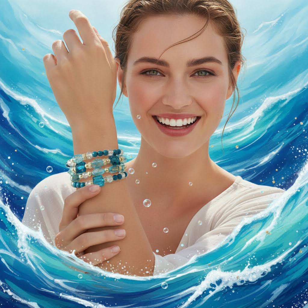 Heartfelt Creations' specialty multi wrap bracelet is a real knockout this time!  Three beaded coils  feature a mix of teal, turquoise, and clear faceted glass beads, interspersed with small gold-toned spacer beads create gorgeous accessory.  This bracelet's oceanic theme will "pop" off your wrist with charm.
